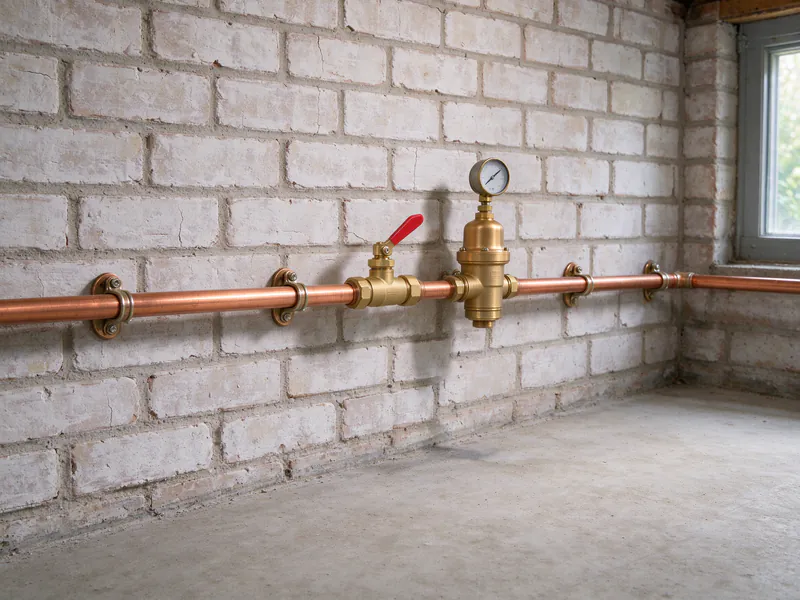 A brass ball valve and a pressure-reducing valve with gauge on a new copper main along a basement brick wall