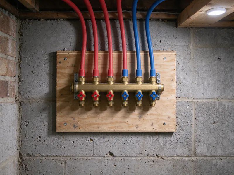 A brass PEX manifold with red and blue valves on a plywood board in a suburban basement
