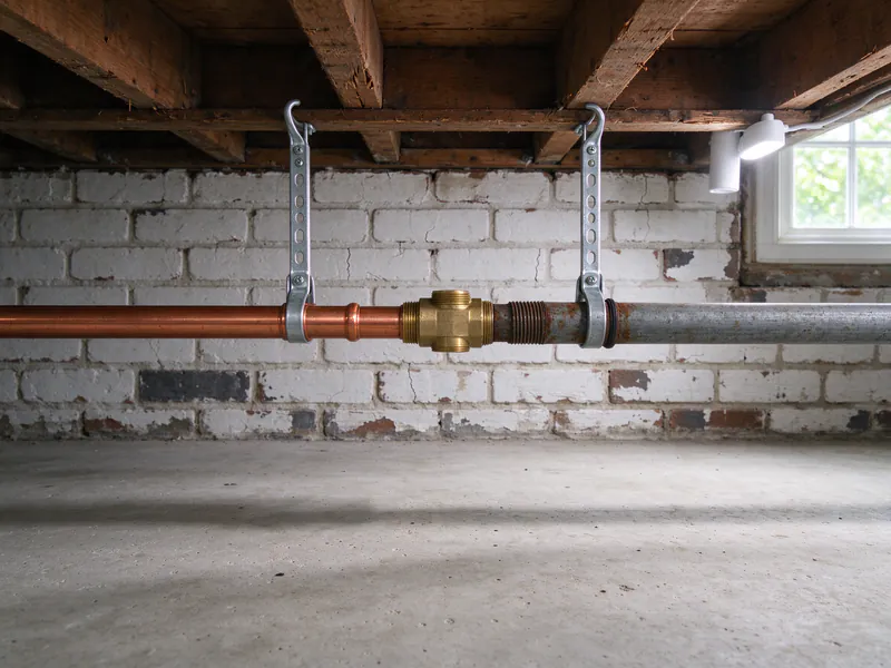 A brass transition fitting joining new copper to old galvanized pipe under the joists of a brick basement