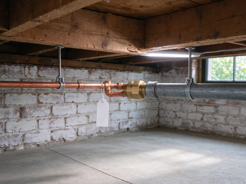 A brass union joining new copper to old galvanized pipe under the joists, with a blank tag on the copper