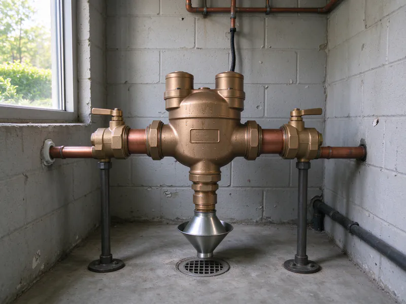 A bronze backflow preventer with shutoff valves on a copper line, its relief port over a floor drain