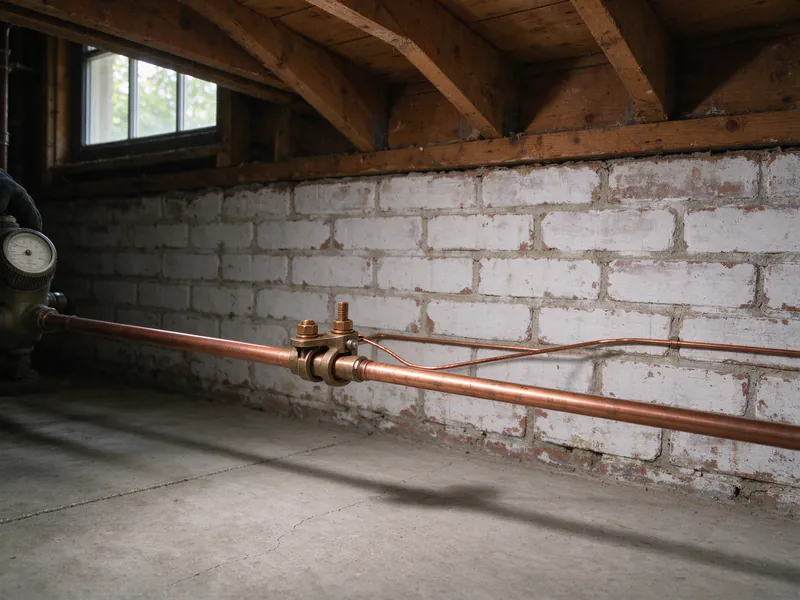 A bronze ground clamp with a bare copper bonding wire on new copper water pipe in a basement