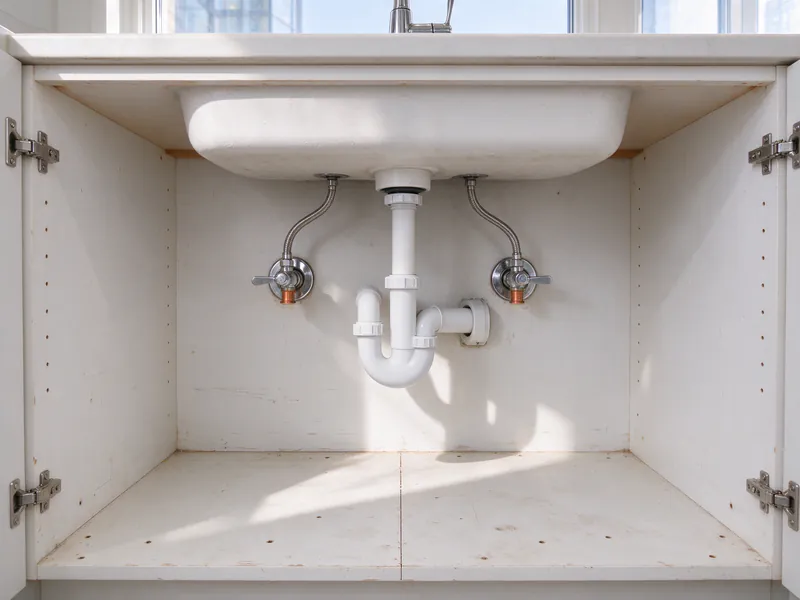 Chrome shutoff valves on new copper stubs with braided supply hoses to the faucet inside a kitchen sink cabinet