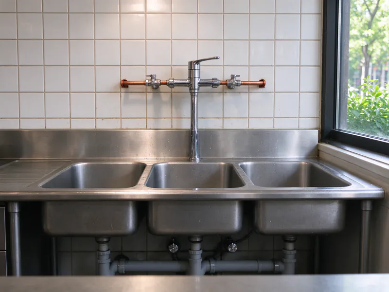 Copper hot and cold supply with stop valves feeding a wall faucet above a stainless three-compartment sink