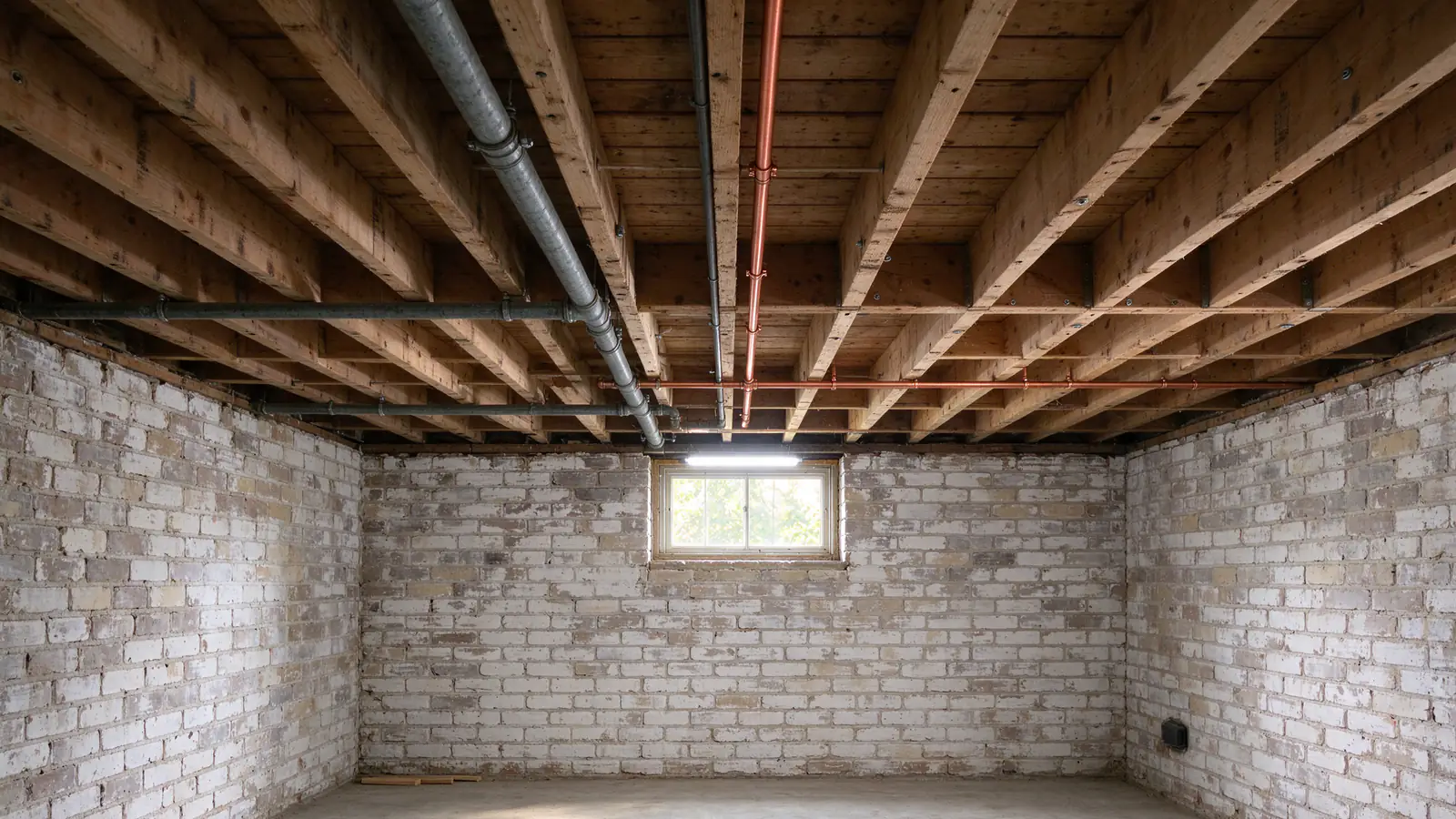 Copper and older galvanized water pipes running along the joists near the brick wall of a basement