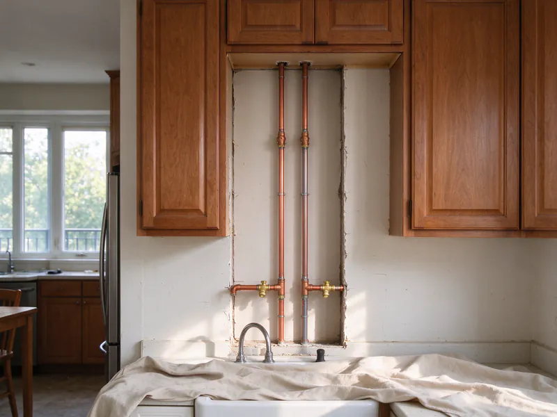 Copper risers with branch tees and brass ball valves in an opening where a kitchen wall cabinet was removed