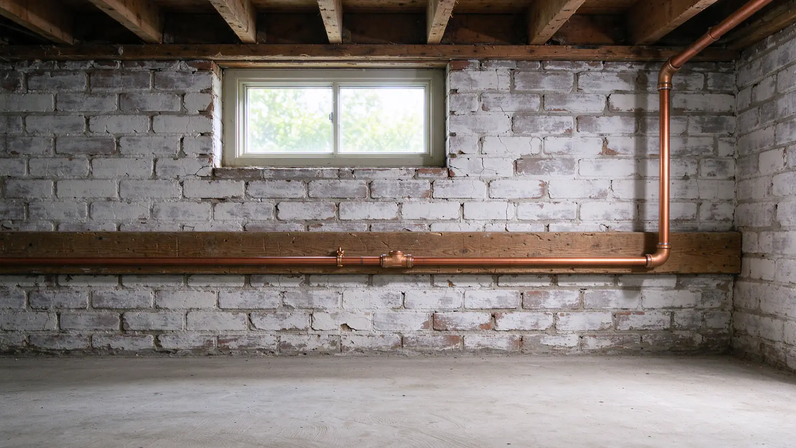 A copper water line with soldered fittings running along a wood ledger on a whitewashed brick basement wall