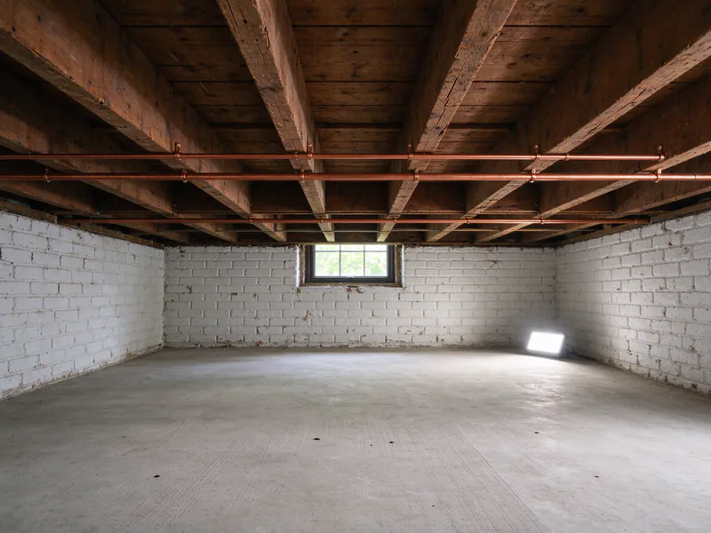 Copper water lines strapped across the underside of wood floor joists in a whitewashed brick basement
