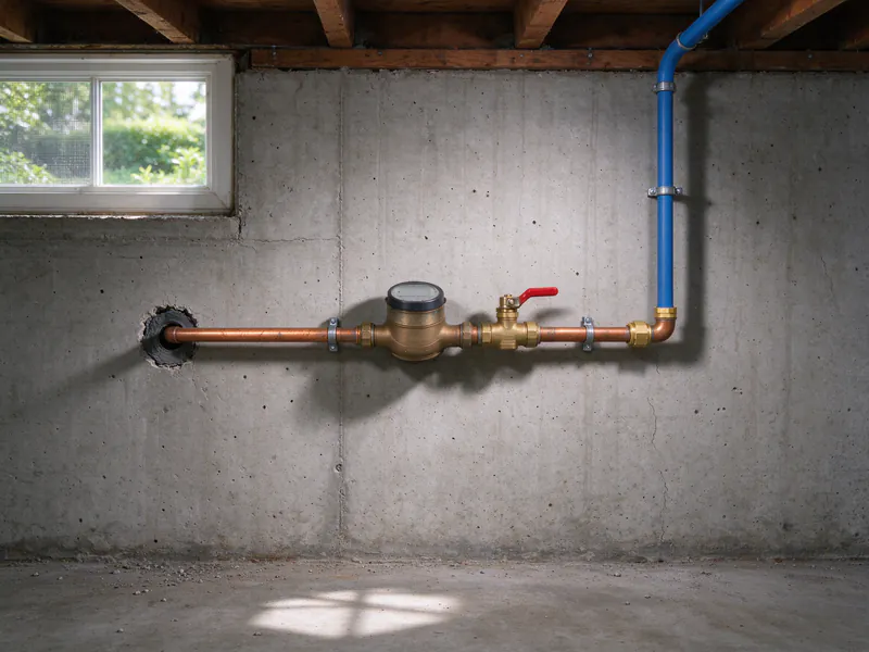 Copper water service from the wall through a meter and ball valve, then a brass adapter to blue PEX, in a suburban basement