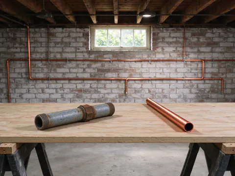 A cut length of old galvanized steel water pipe with a rusted coupling beside a new length of copper tube on a basement work table