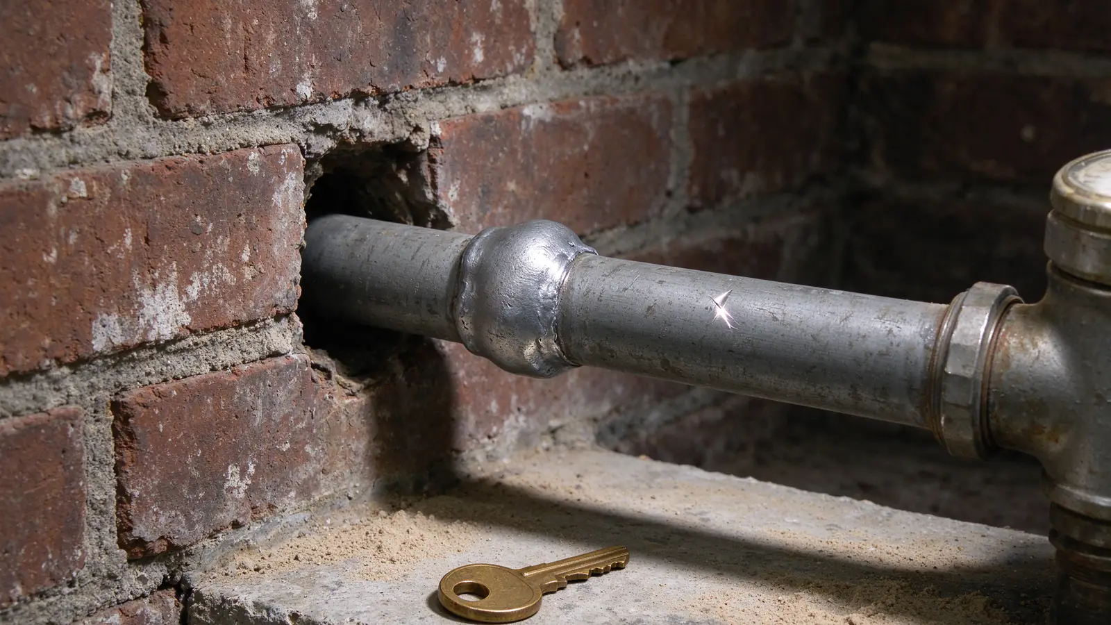 A dull gray lead water pipe with a bright scratch mark where it was tested with a key, the key resting on the ledge below