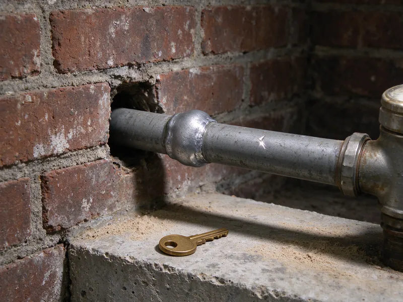 A dull gray lead water service pipe with a wiped joint and a bright scratch mark, a brass key on the ledge below