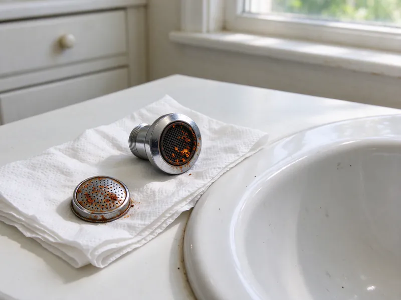A faucet aerator and showerhead screen clogged with rust flakes on a white bathroom counter