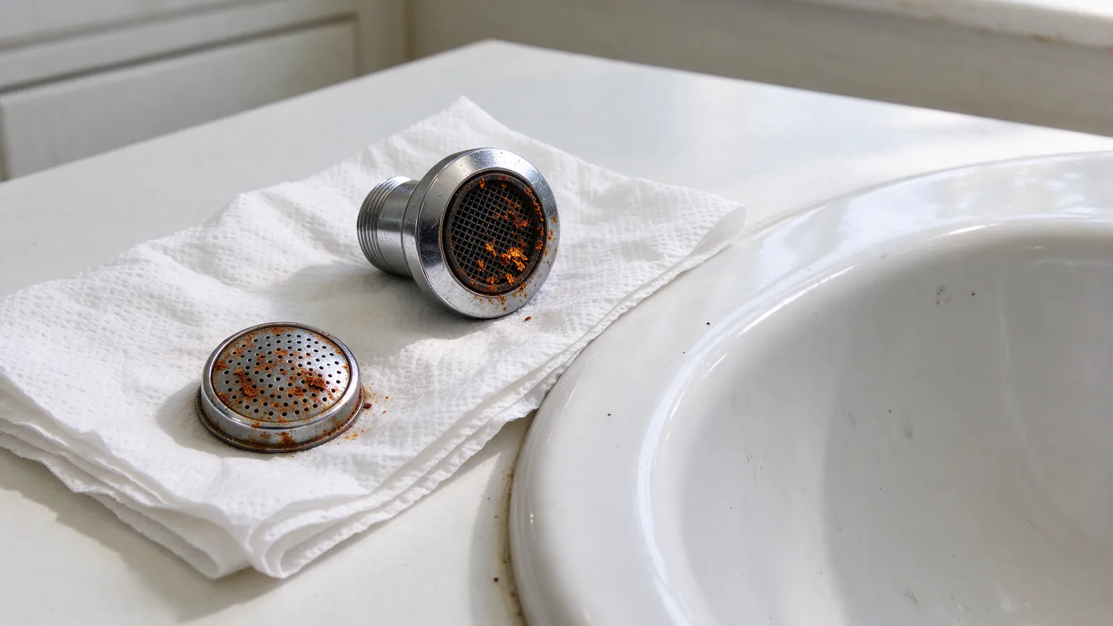 A faucet aerator and a showerhead screen clogged with rust flakes on a white bathroom counter