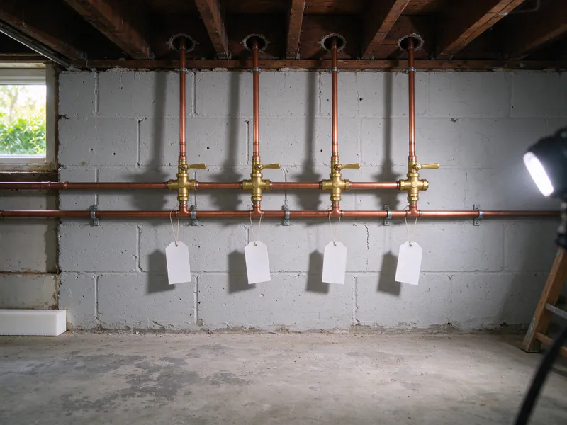 Four new copper branches with brass ball valves and blank tags on a basement block wall