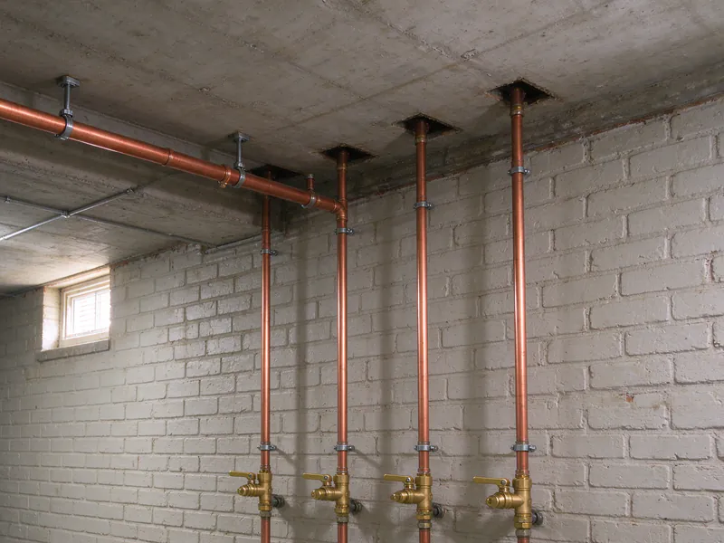 Four new copper risers rising from a main along a basement wall, each with a brass ball valve