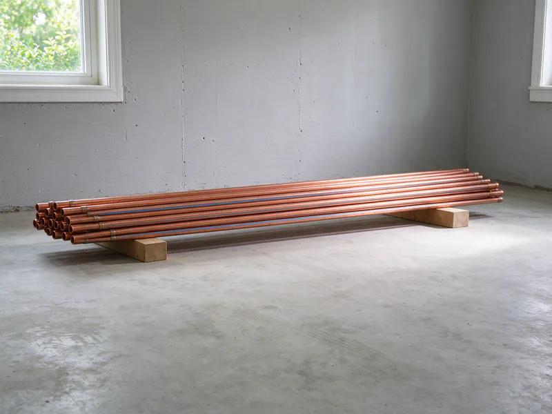 Lengths of new copper tube stacked on wood blocks on a basement floor