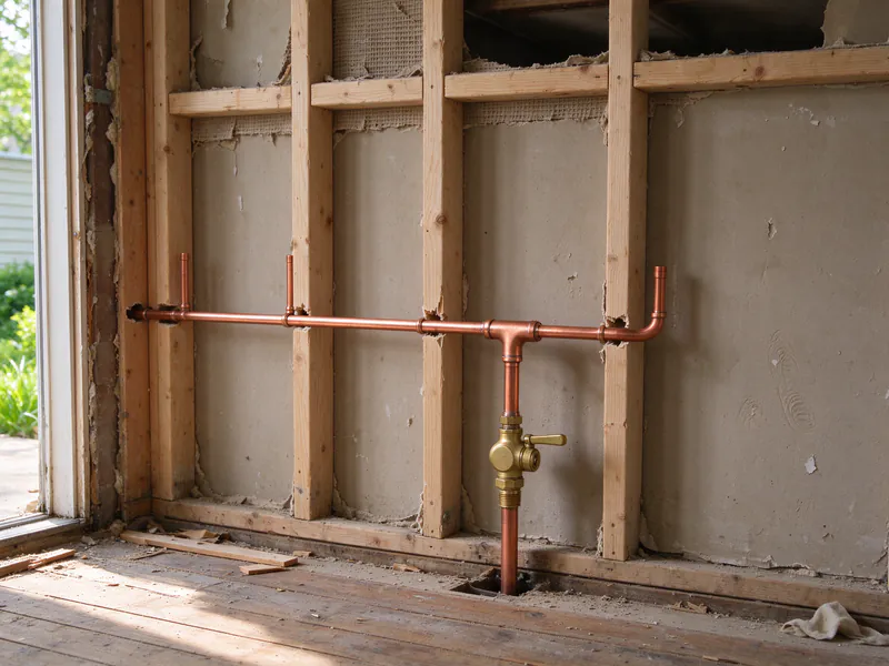 A new copper branch line through open wall studs with a soldered tee and brass ball valve