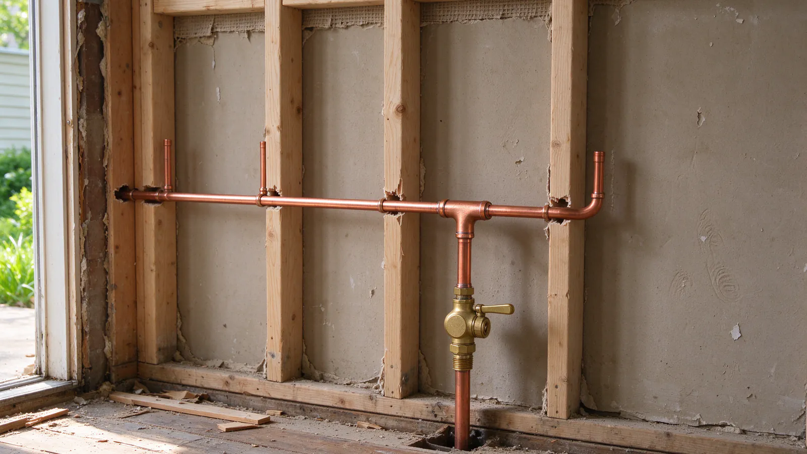 A new copper branch line run through open wall studs with a soldered tee and a brass ball valve