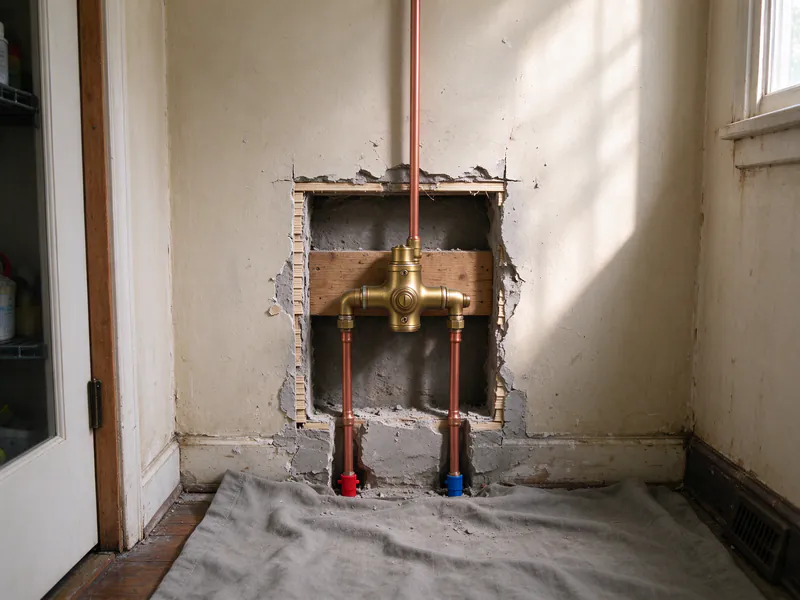 New copper hot and cold lines rising to a brass tub-and-shower valve inside an opening cut in a plaster wall