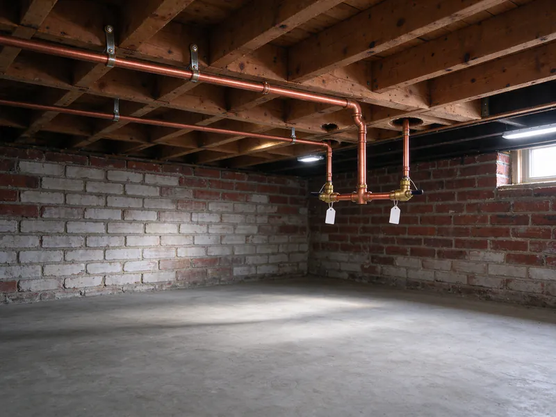 A new copper main held under the basement joists by pipe hangers, splitting at a tee into two branches with brass ball valves and blank tags in a two-flat basement