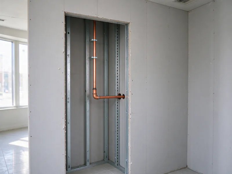 A new copper riser on steel strut inside an opened corridor wall, with a branch passing through to the restroom