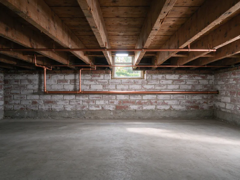 New copper trunk line along the joists of a brick basement, with branches dropping to a run along the wall