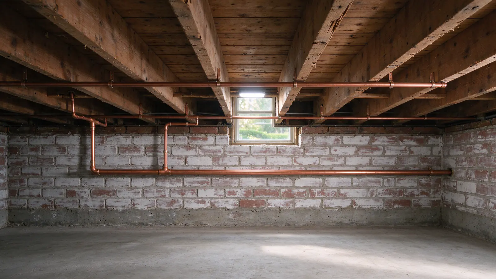 A new copper trunk line strapped along the joists of a brick bungalow basement with branches to the wall