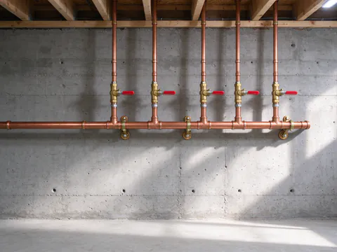 A new copper water header on a concrete basement wall with five soldered branches, each rising through a brass ball valve to the joists