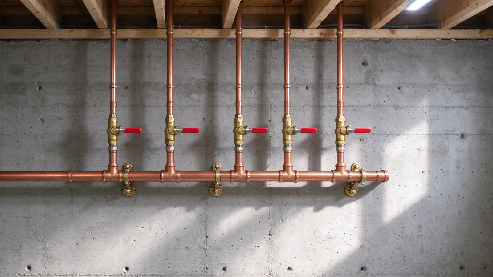 A new copper water header with soldered branches and brass ball valves on a concrete basement wall