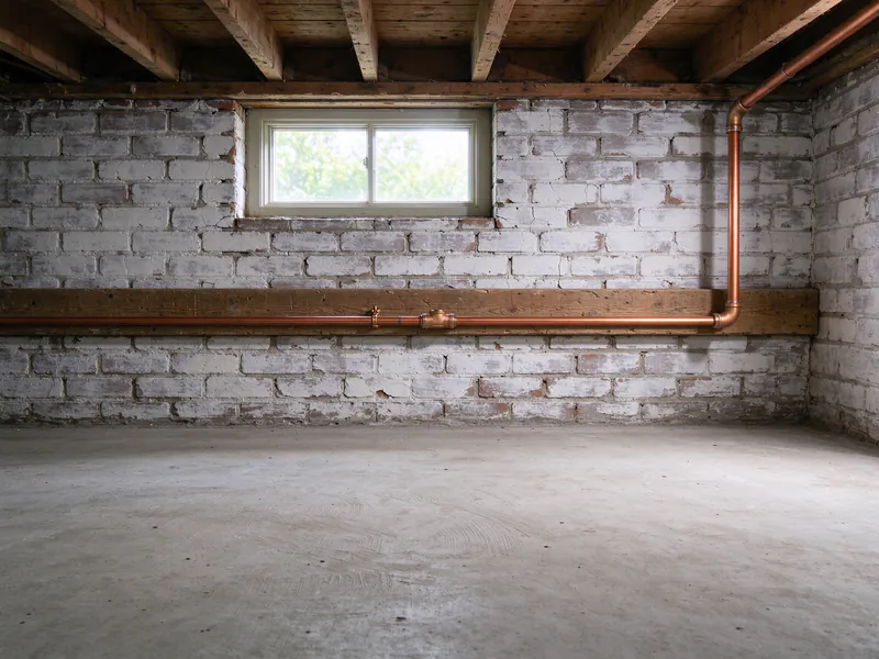 A new copper water line with soldered fittings along a wood ledger on a whitewashed brick basement wall