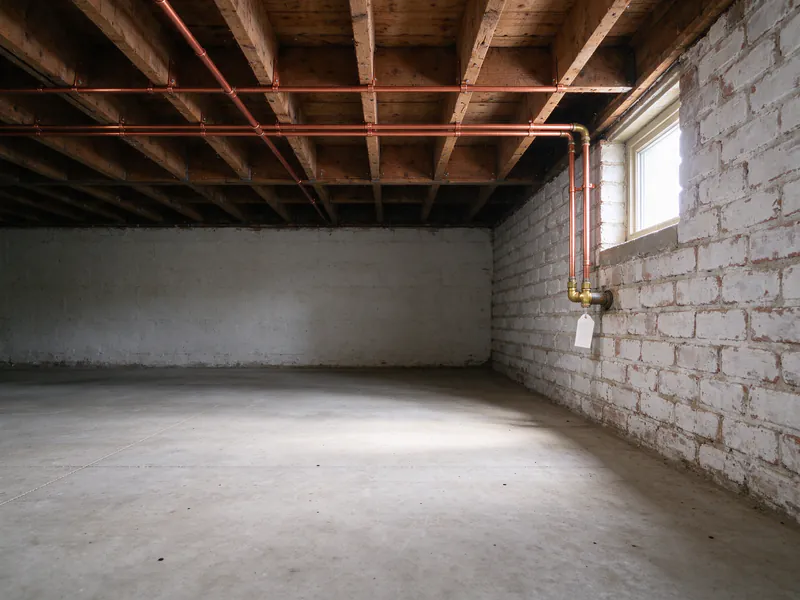 New copper water lines along the joists of a brick basement, with a tagged brass transition at the wall