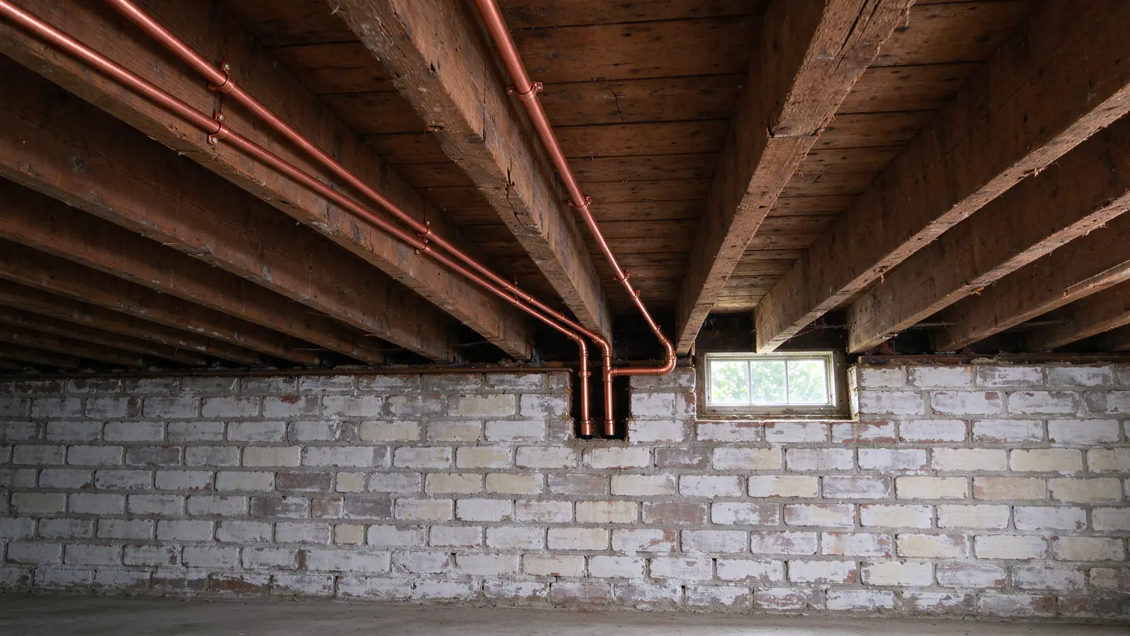 New copper water lines strapped along the wood joists of a Chicago bungalow basement, turning down into the whitewashed brick wall