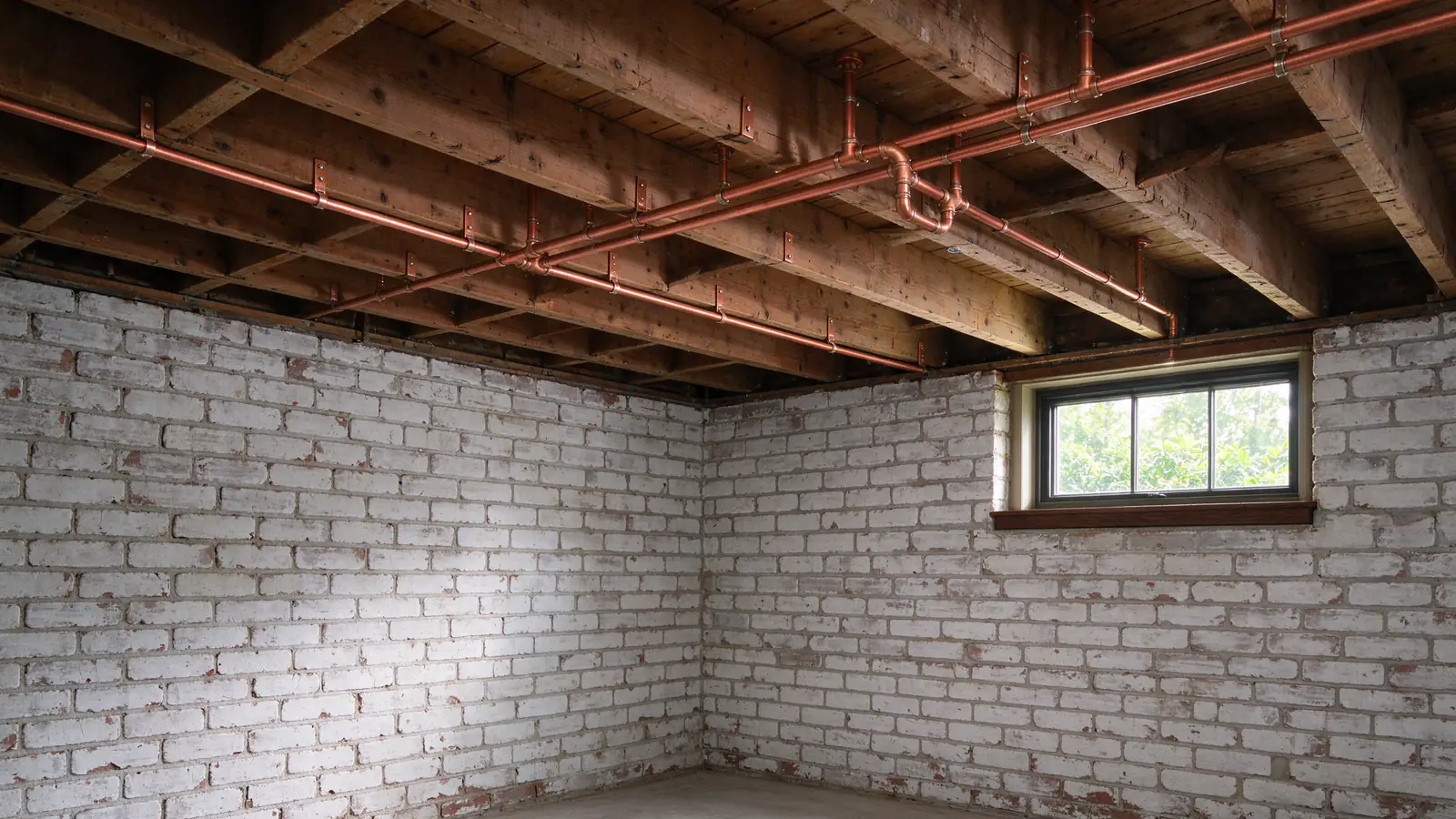New copper water lines strapped along the wood joists of a whitewashed brick basement after a repipe