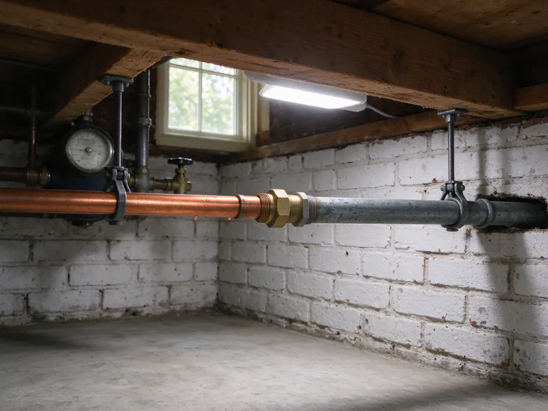 New copper from the water meter joined to old galvanized house piping with a brass fitting under the joists