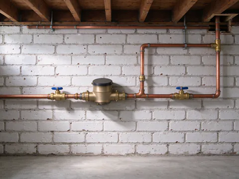 New copper water service with ball valves and a large water meter on the white brick basement wall of a Chicago storefront building