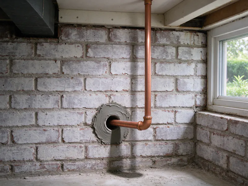 New copper water service coming through a cored, cement-sealed hole in a basement brick wall