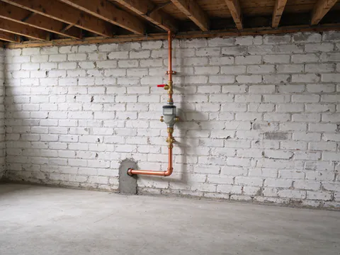 New copper water service entering a Chicago basement through a fresh patch in the brick wall, rising through a valve and water meter