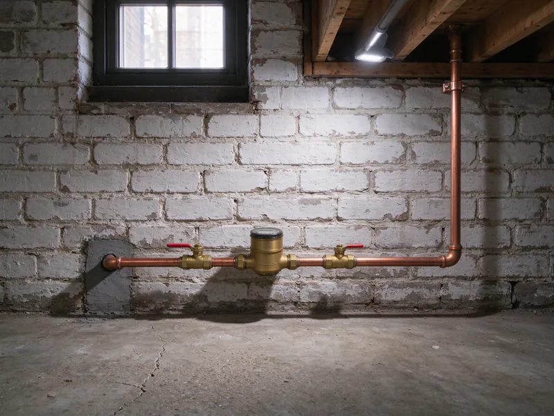 A new copper water service through a patched brick wall to two ball valves and a water meter