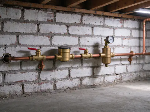 A new main shutoff valve, water meter, second valve and pressure-reducing valve with gauge on copper pipe at a basement brick wall