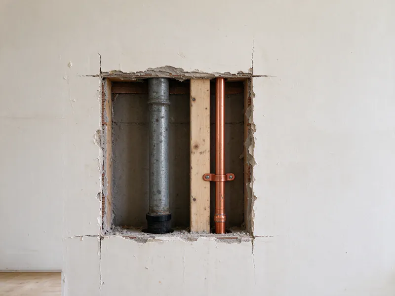 An old galvanized pipe cut and capped inside an opened plaster wall, with new copper strapped beside it