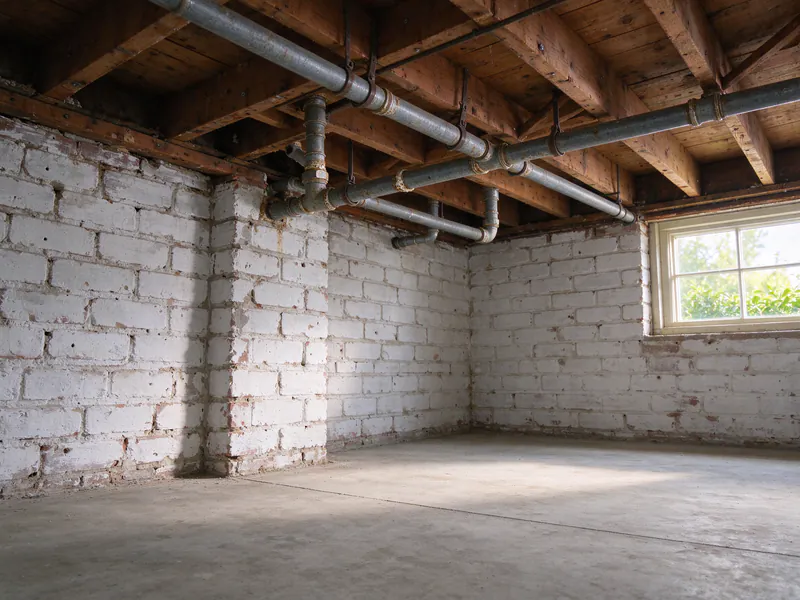 Old galvanized steel water lines with rusted fittings along the joists of a whitewashed brick basement