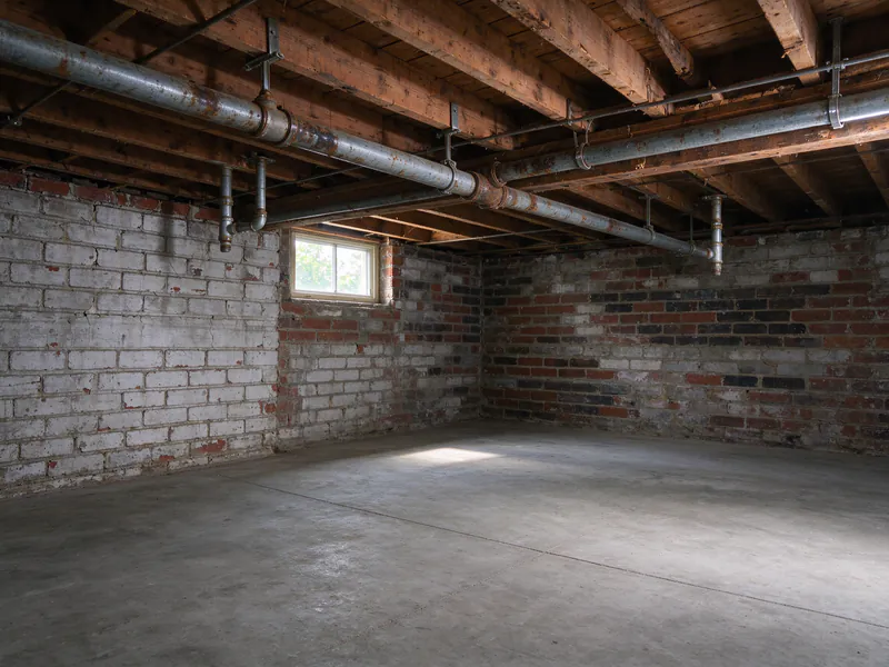 An old galvanized water main with rusted threaded tees and branches along the joists of a two-flat basement