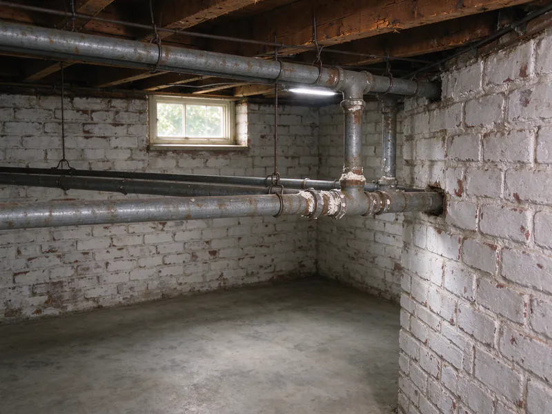 Old galvanized water pipes with rusted threaded joints hung from basement joists