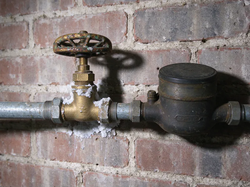 An old gate valve with mineral crust on galvanized pipe next to an old water meter at a brick wall