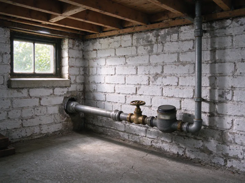 An old lead water service through a basement brick wall to a gate valve and old water meter