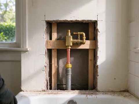 An opening cut in a bathroom plaster wall where old galvanized pipe joins new copper at a brass fitting below a shower valve