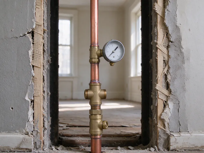 A pressure gauge on a brass test fitting at the base of a new copper riser in an opened chase