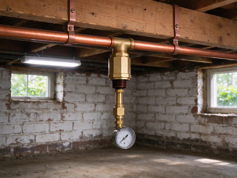A pressure gauge on a brass test fitting below a new copper line strapped to a basement joist