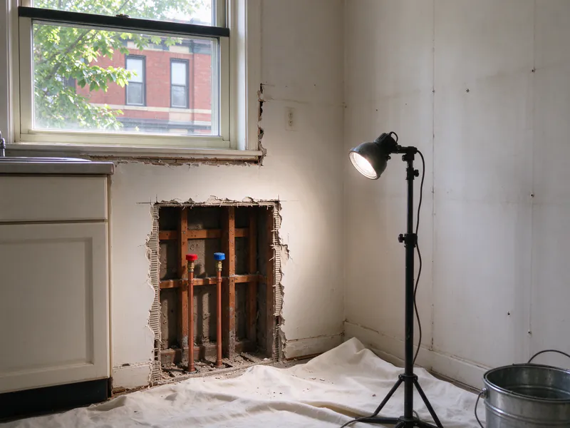 A rectangular opening below a kitchen window showing new copper hot and cold stubs in a second-floor flat